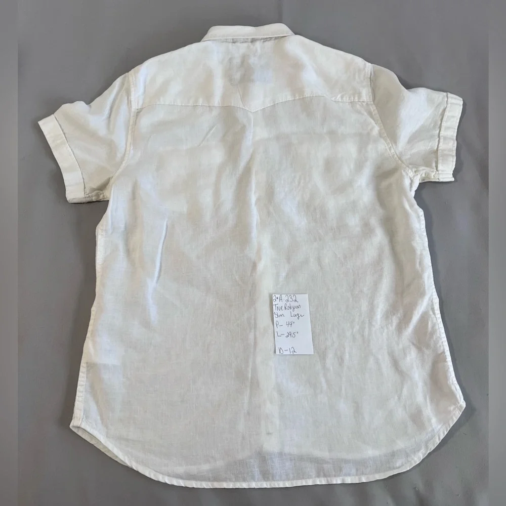 TRUE RELIGION Shirt Men‎ L 100% Linen Button up Slim Western Short Sleeve White
